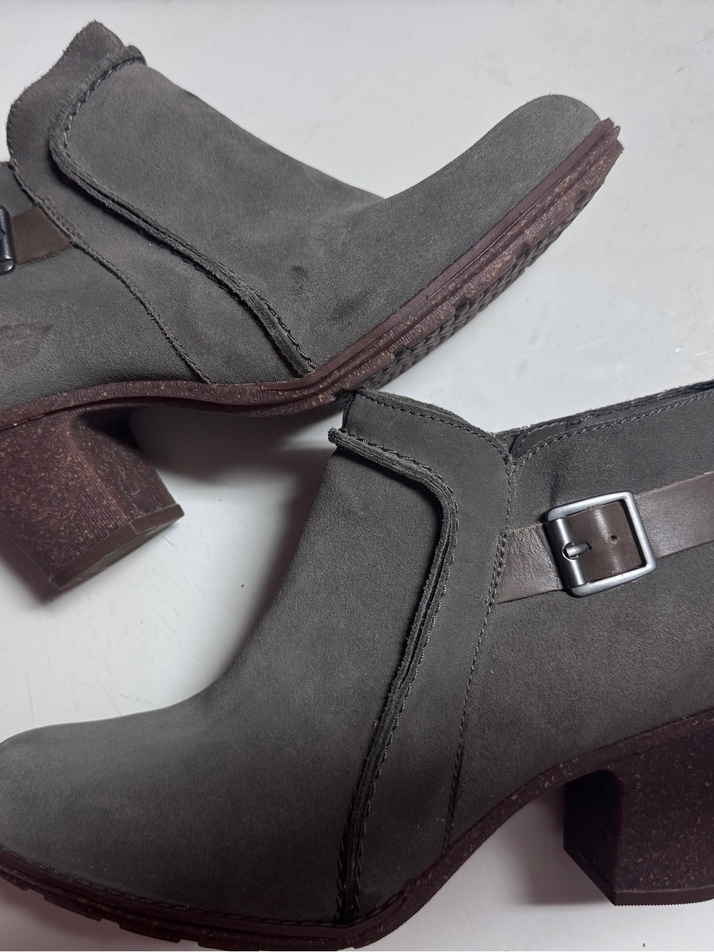 Clarks Gray Suede Ankle Booties with Buckle Detail